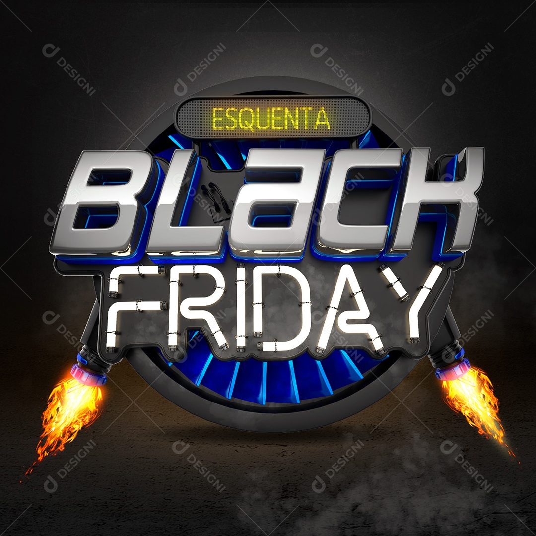 Black Friday Selo 3D Preto e Azul Com Luz Neon Branco para Composição PSD