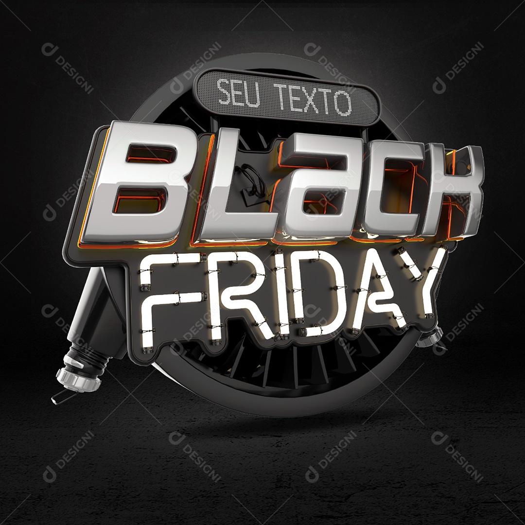Black Friday Selo 3D Preto Com Luz Neon Branco para Composição PSD
