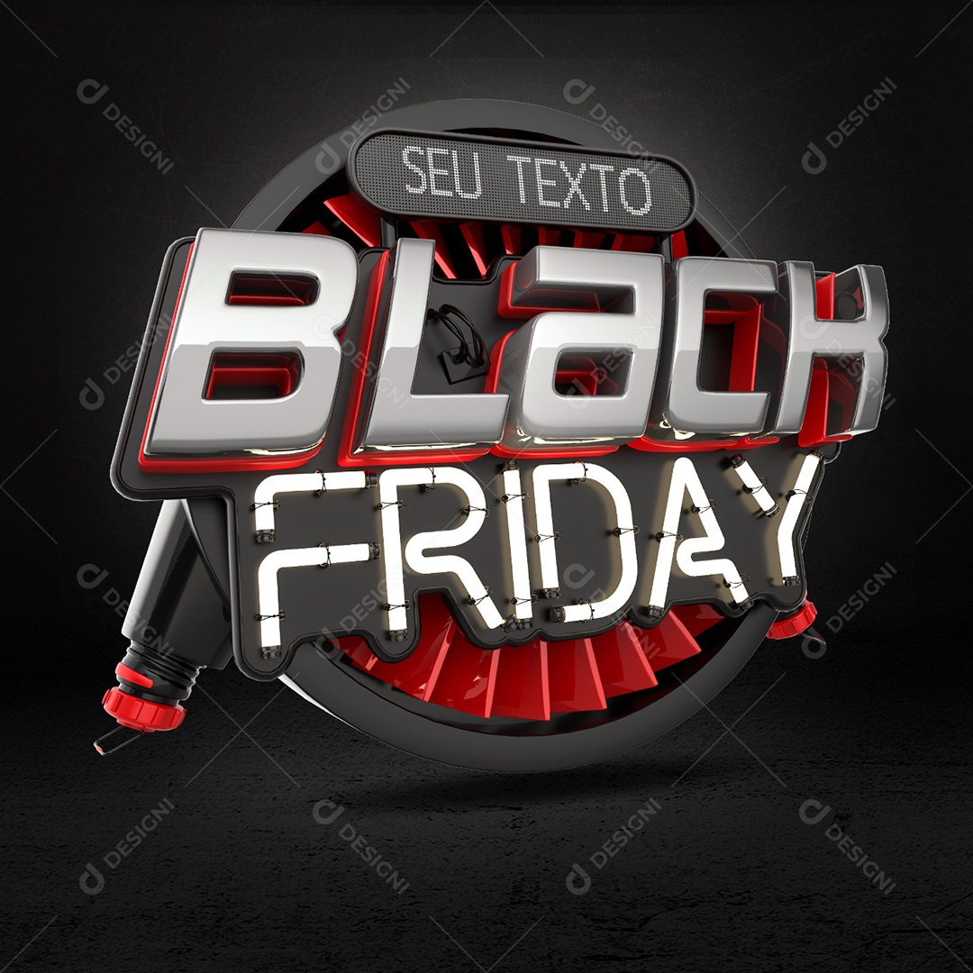 Black Friday Selo 3D Preto e Vermelho Com Luz Neon Branco para Composição PSD