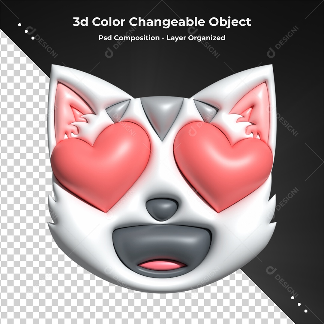 Emoji de Gato Olhos de Coração Elemento 3D para Composição PSD