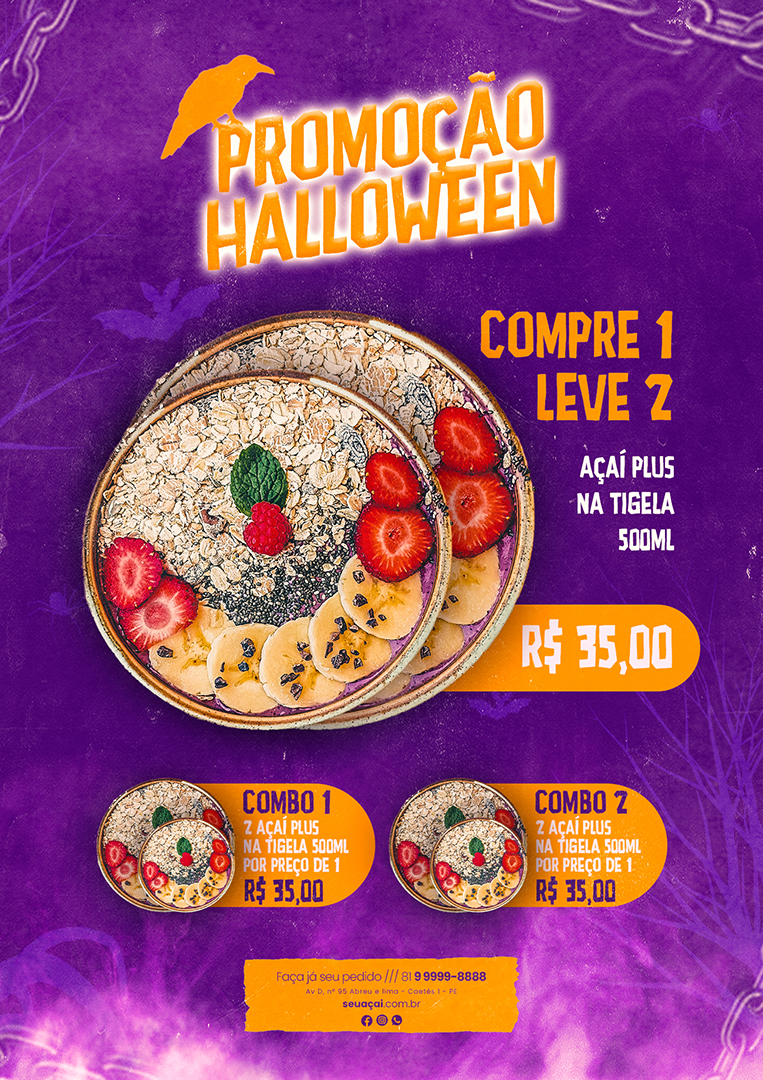 Modelo de Cardápio Açaíteria Promoção de Halloween Compre 1 Leve 2 PSD Editável