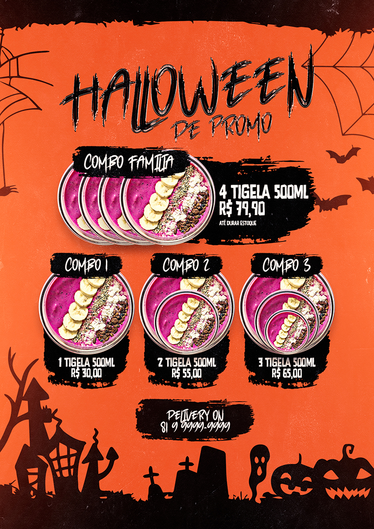 Modelo de Cardápio Açaíteria Halloween Açaí Tigela PSD Editável