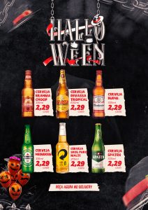 Modelo de Cardápio Distribuidoras Halloween Bebidas Bares Botecos PSD Editável