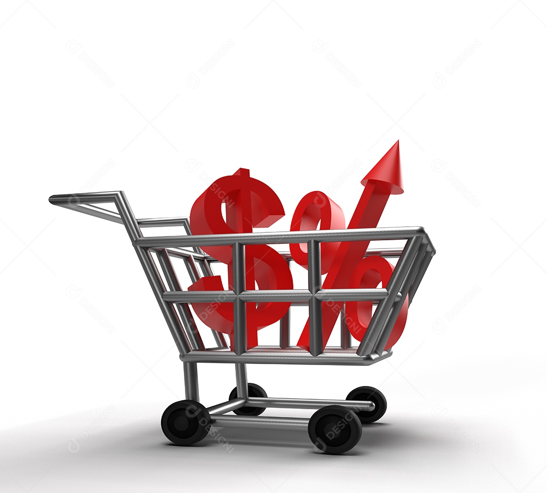 Carrinho de compras com porcentagem e símbolo de dinheiro