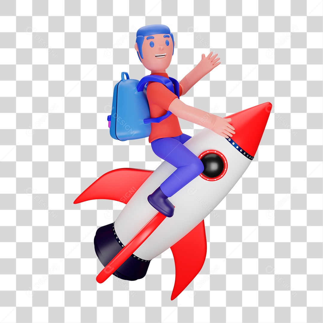 Menino com Mochila Encima do Foguete PNG Transparente