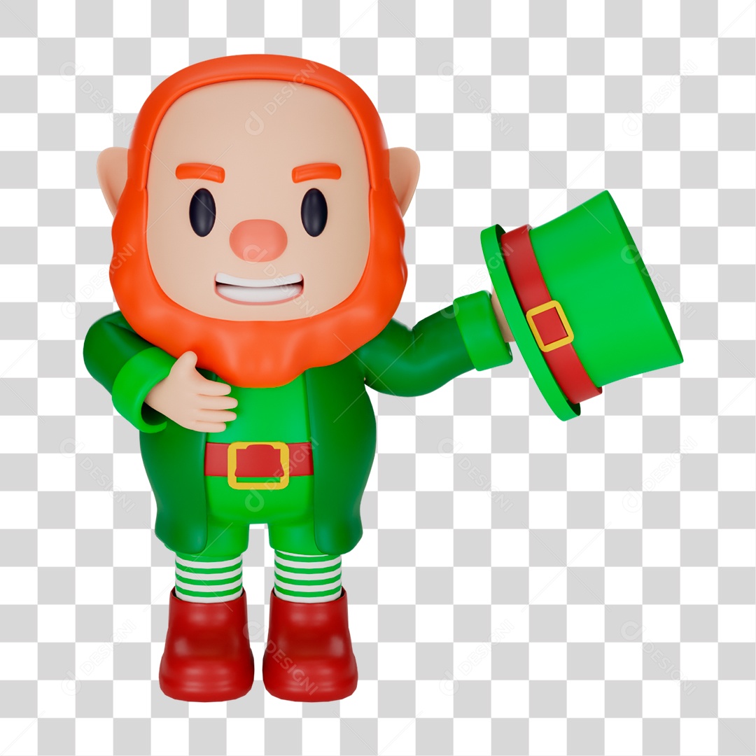 Elemento 3D de Duende com Chapéu na Mão PNG Transparente