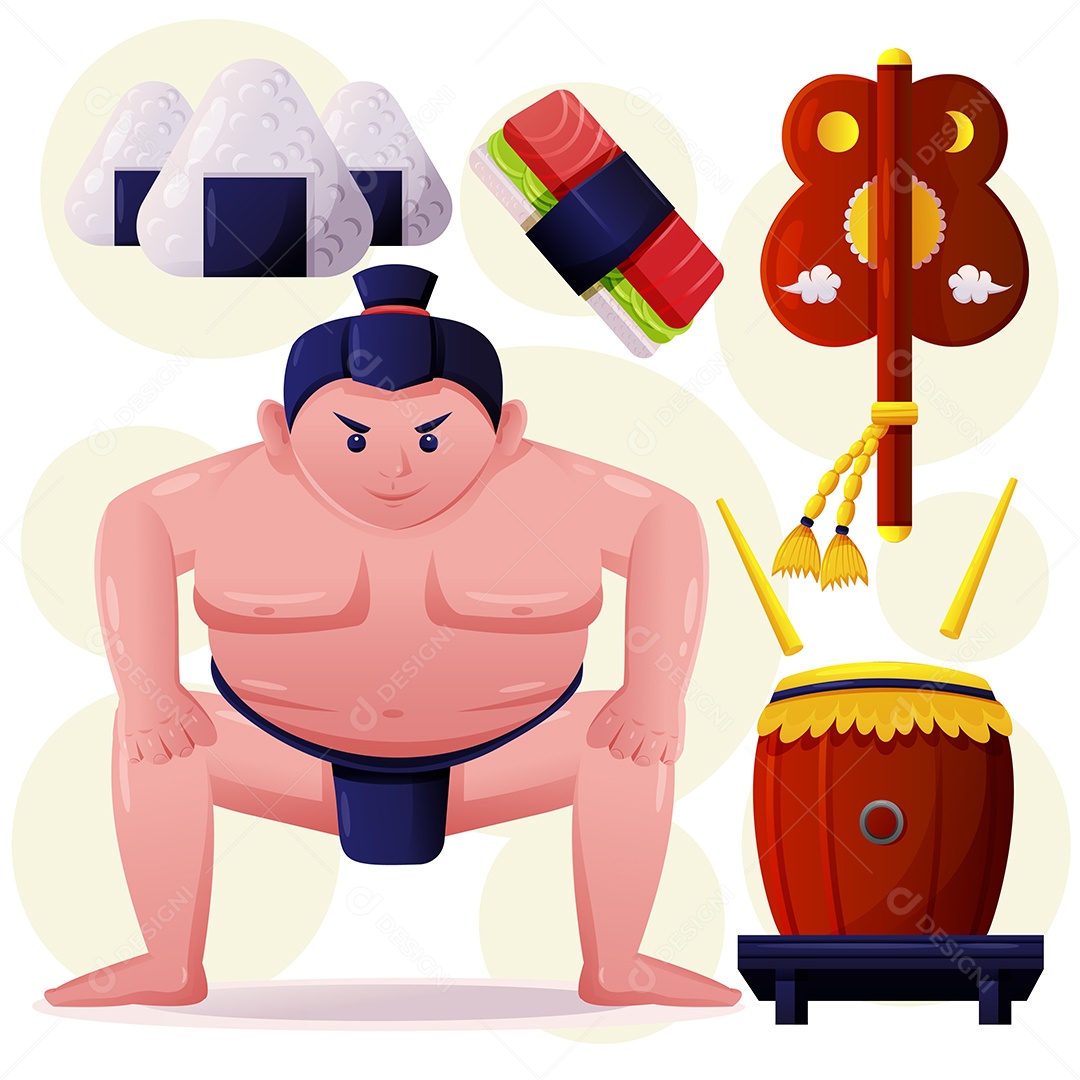 Jovem gordo em sumo marcial e vetor de desenhos animados de comida japonesa