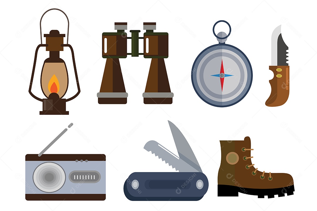 Conjunto de elementos de objeto no vetor de desenho animado de férias de acampamento