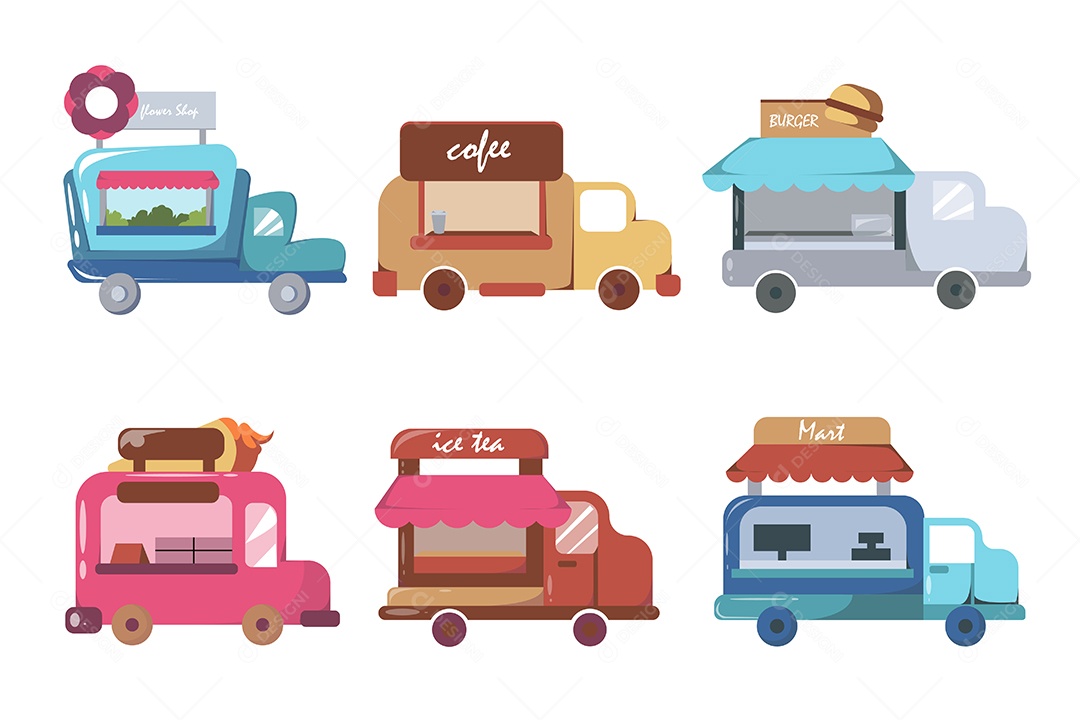 Conjunto de vários designs de caminhões de comida de rua