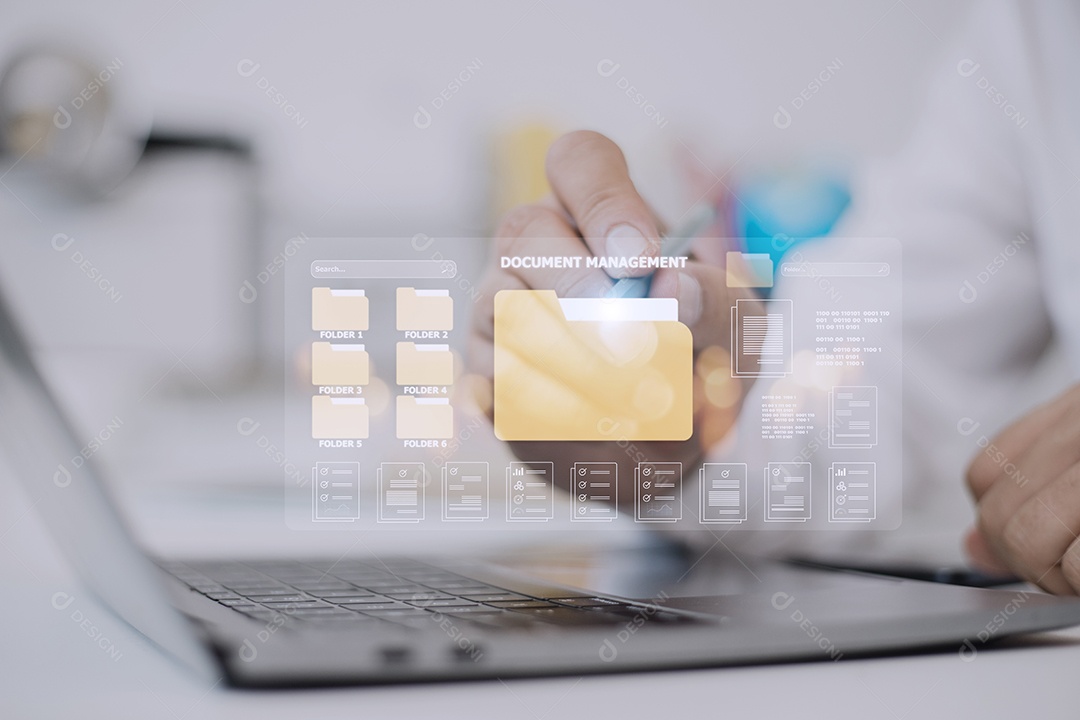 Conceito de gerenciamento de documentos. Ícones de tela virtual Gerenciamento