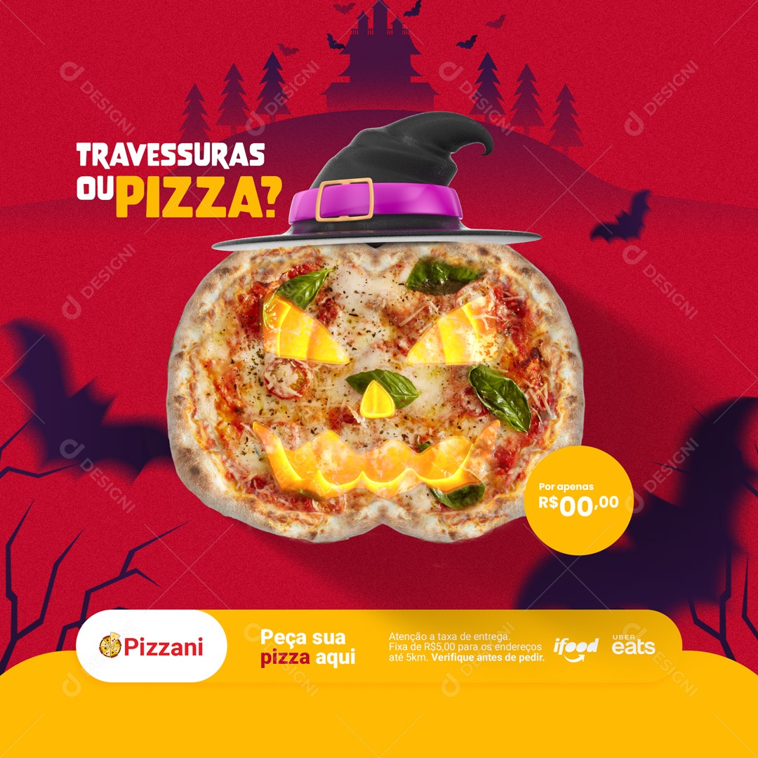 Travessuras ou Pizza? Pizzaria Halloween Social Media PSD Editável