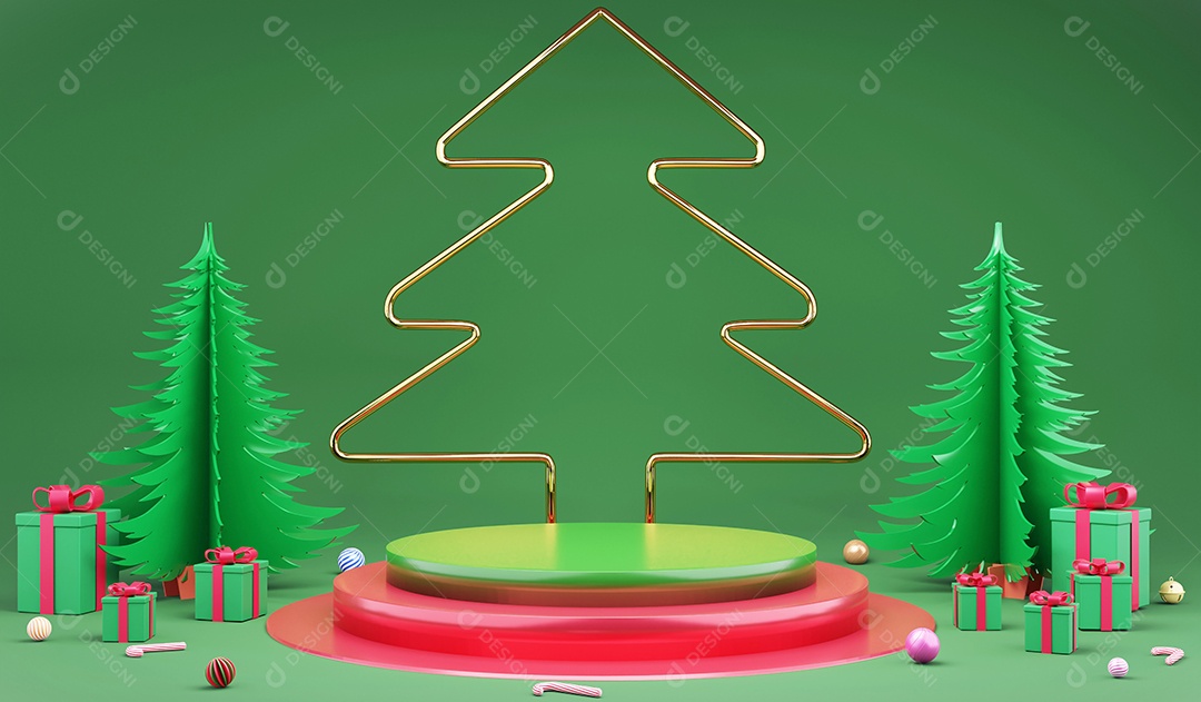 Enfeites de Natal de renderização 3D e pódio em fundo verde