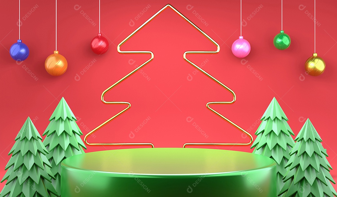 Enfeites de Natal de renderização 3D e pódio em fundo vermelho