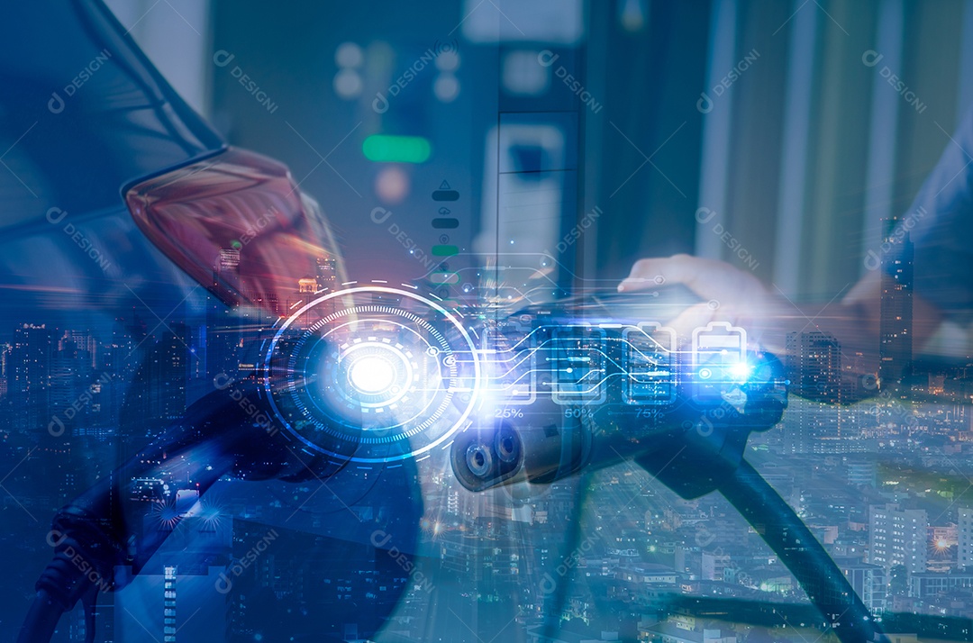 Carregamento de carro na estação de carregamento de carro elétrico e luz noturna da cidade