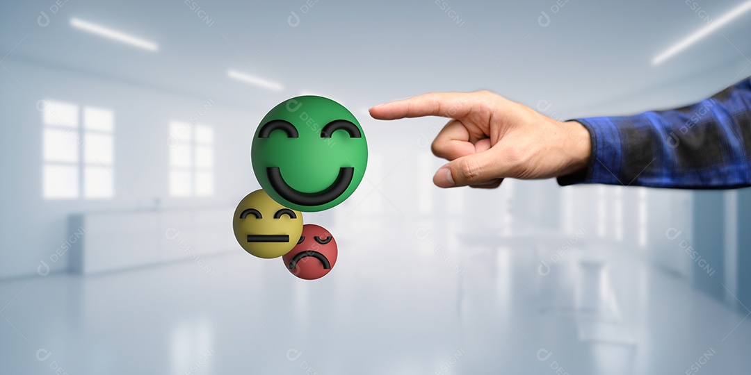 Sorriso feliz, boa classificação de feedback, pense positivo, avaliação do cliente