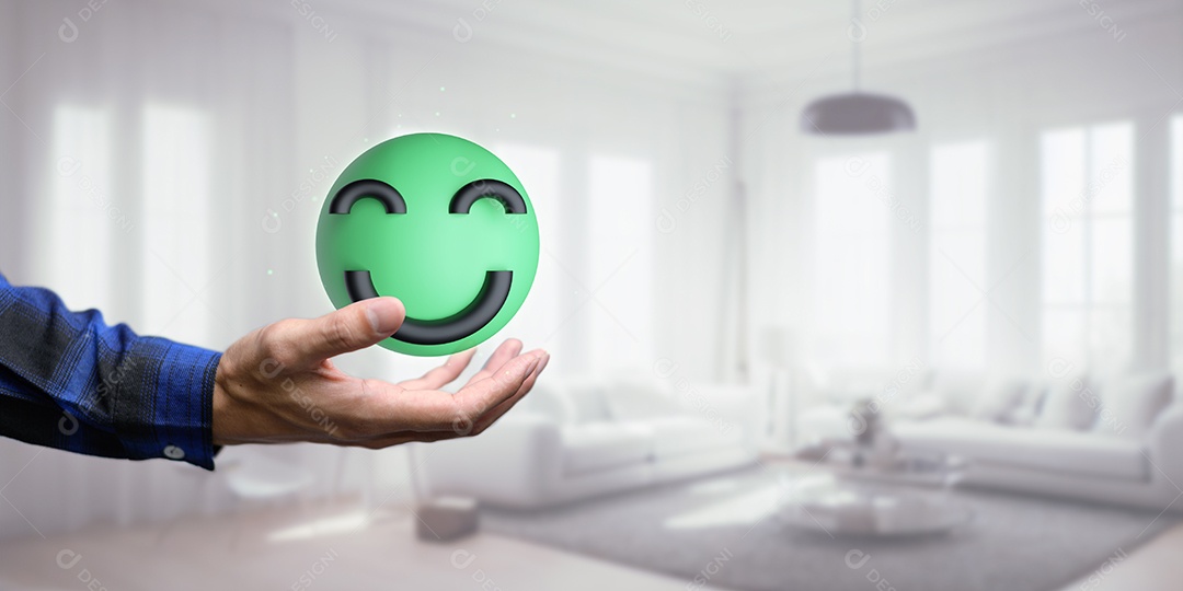 Sorriso feliz, boa classificação de feedback, pense positivo, avaliação do cliente