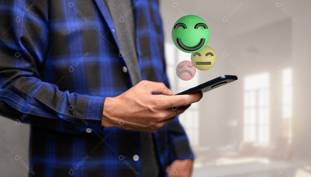 Sorriso feliz, boa classificação de feedback, pense positivo, avaliação do cliente