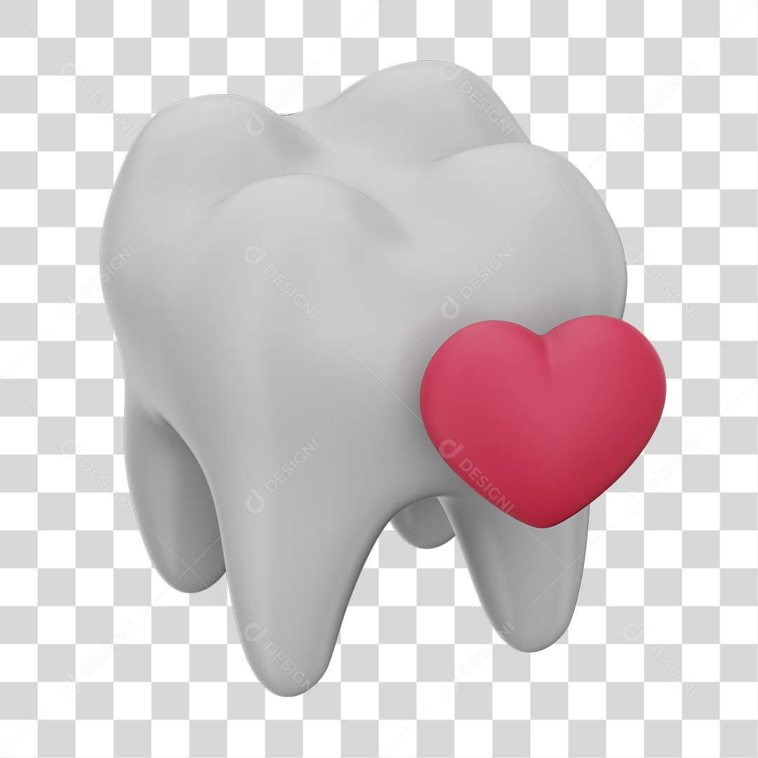 Dente Branco e Coração Vermelho Conceito Dia do Dentista Elemento 3D PNG