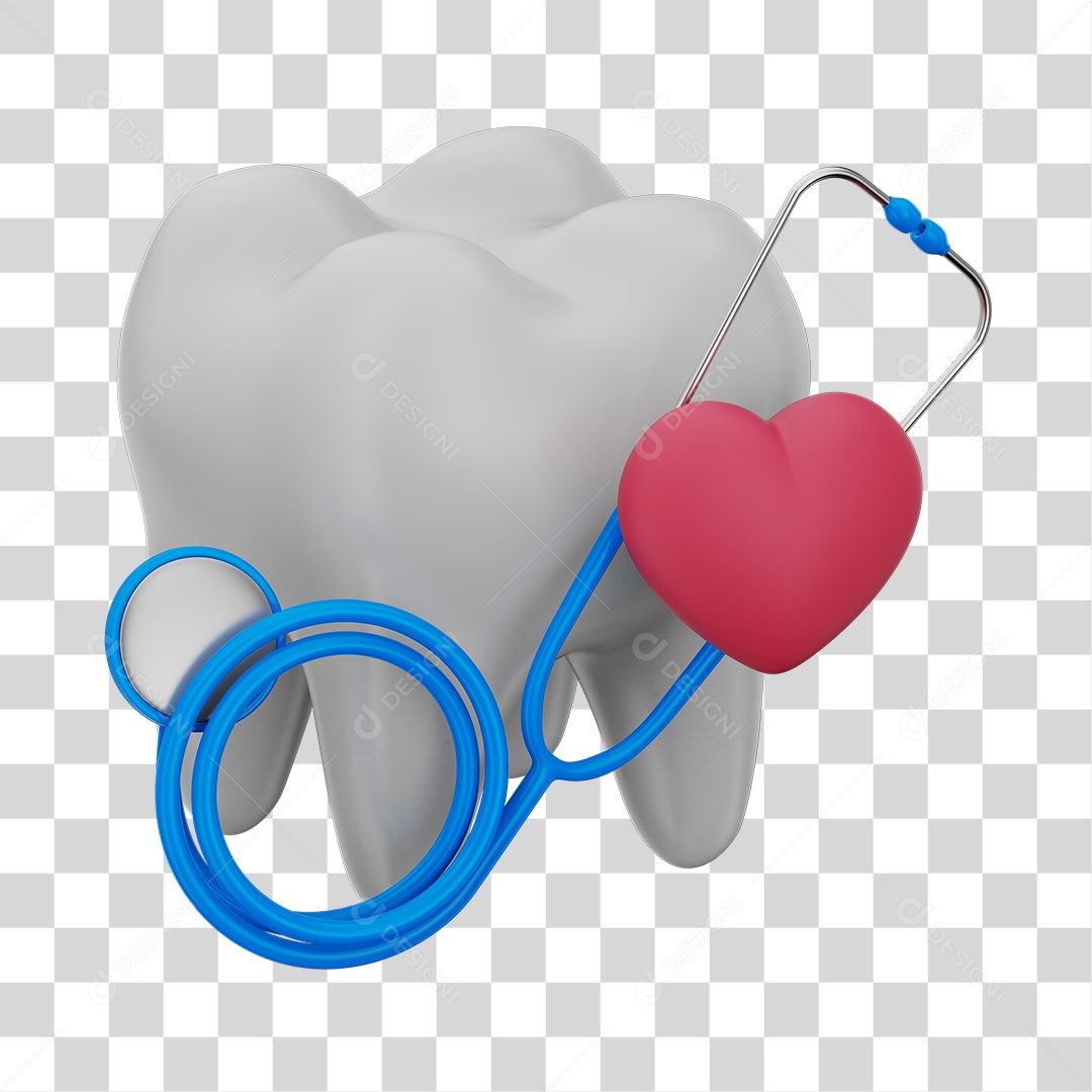 Dente Branco Coração Vermelho e Estetoscópio Azul Elemento 3D PNG