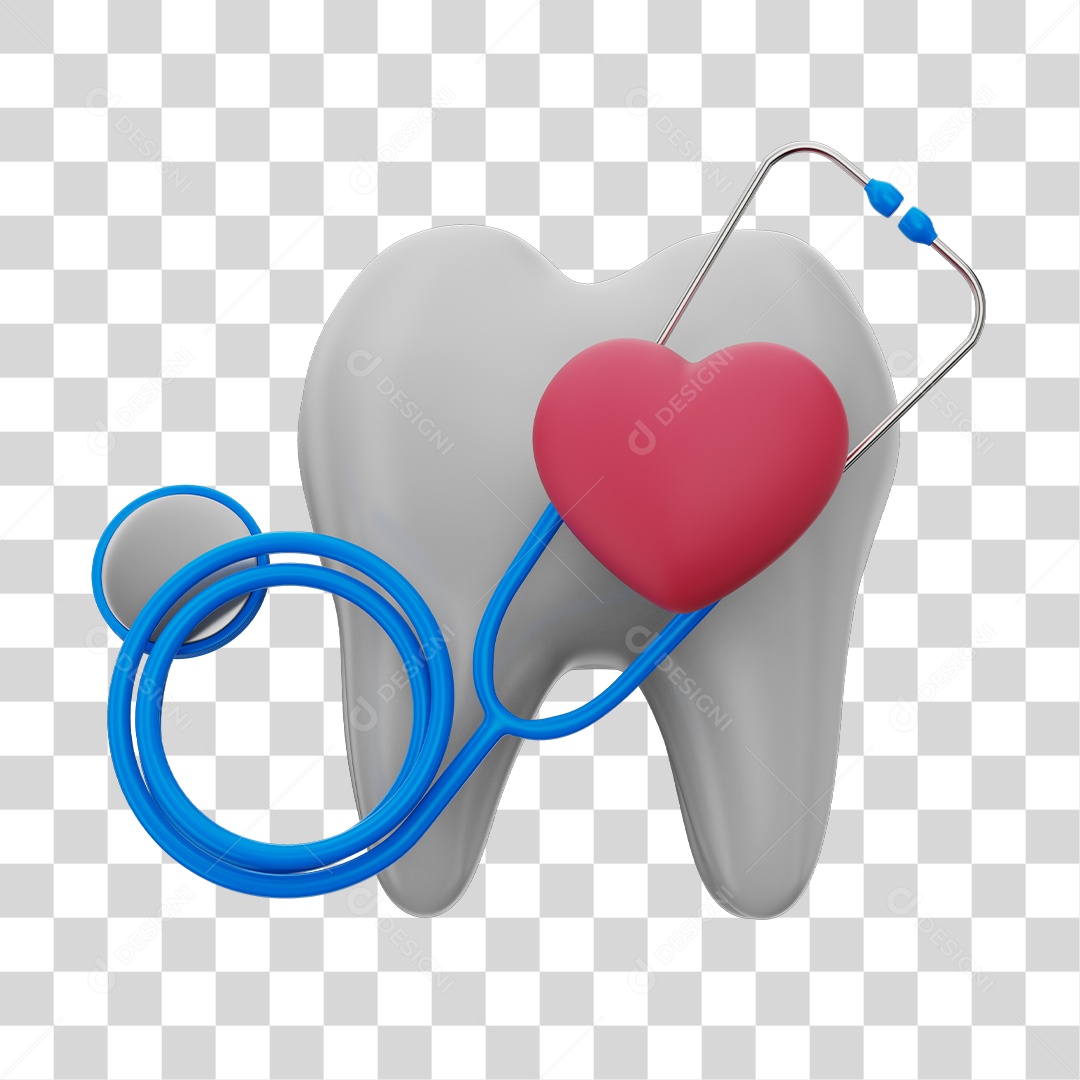 Dente Branco Coração Vermelho e Estetoscópio Azul Elemento 3D PNG