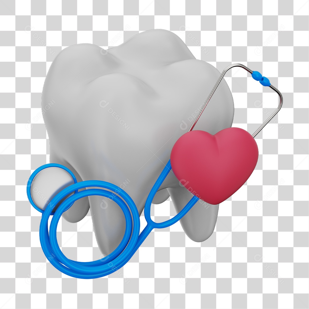 Dente Branco Coração Vermelho e Estetoscópio Azul Elemento 3D PNG