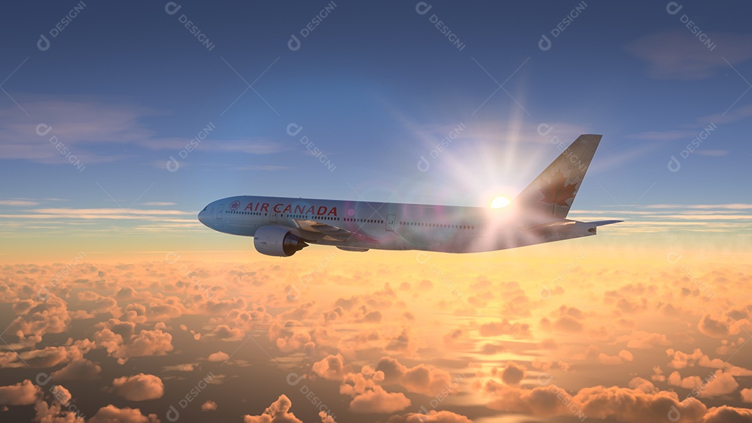 Avião sobrevoando sobre o céu nublado nuvens brancas