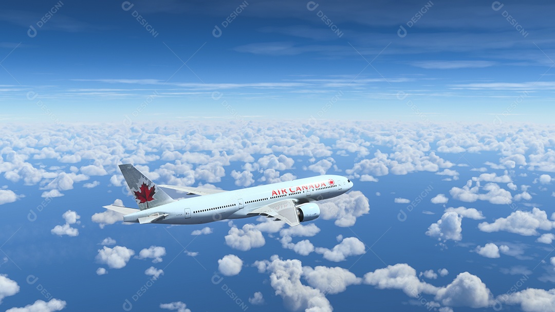 Avião sobrevoando sobre o céu nublado nuvens brancas