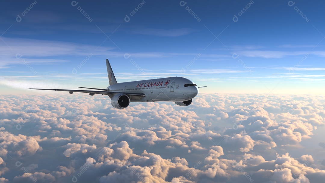 Avião sobrevoando sobre o céu nublado nuvens brancas