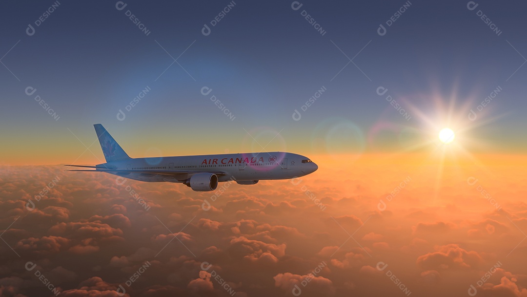 Avião sobrevoando sobre o céu nublado nuvens brancas
