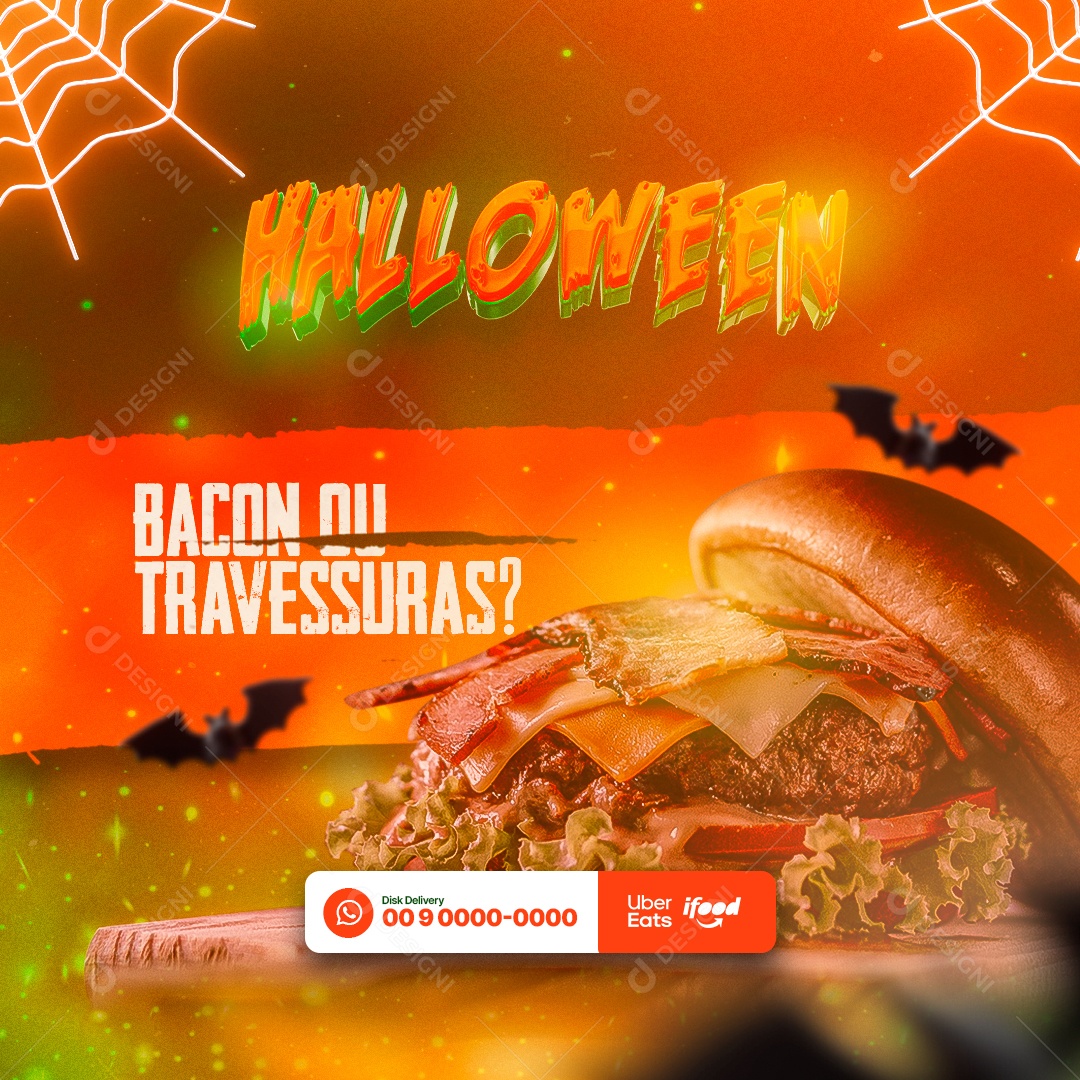 Bacon ou Travessuras Hamburgueria Halloween Social Media PSD Editável