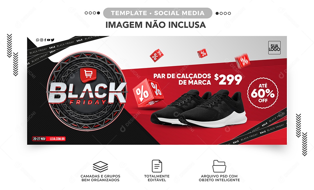 Banner Par de Calçados de Marca Black Friday Loja de Tênis Social Media PSD Editável