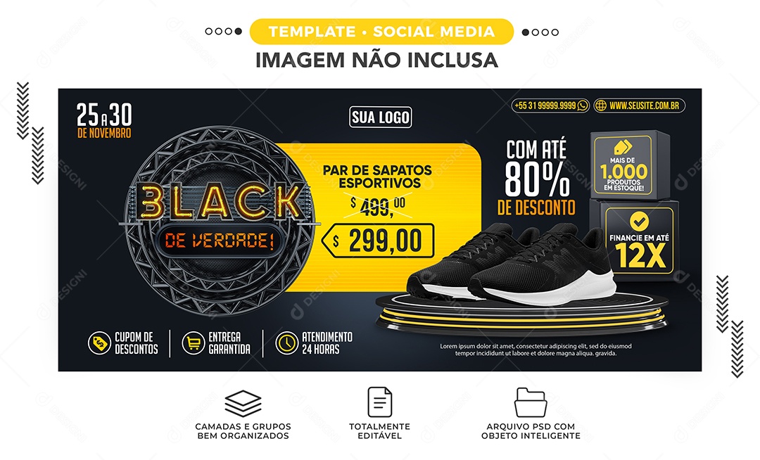Banner Par de Sapatos Esportivos Com Até 80% de Desconto Black Friday Loja de Tênis Social Media PSD Editável
