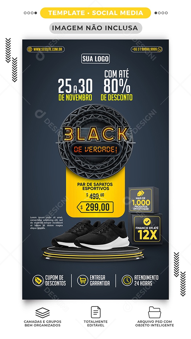 Story Par de Sapatos Esportivos Com Até 80% de Desconto Black Friday Loja de Tênis Social Media PSD Editável