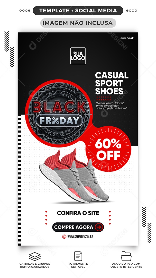 Story Casual Sport Shoes 60% Off Black Friday Loja de Tênis Social Media PSD Editável