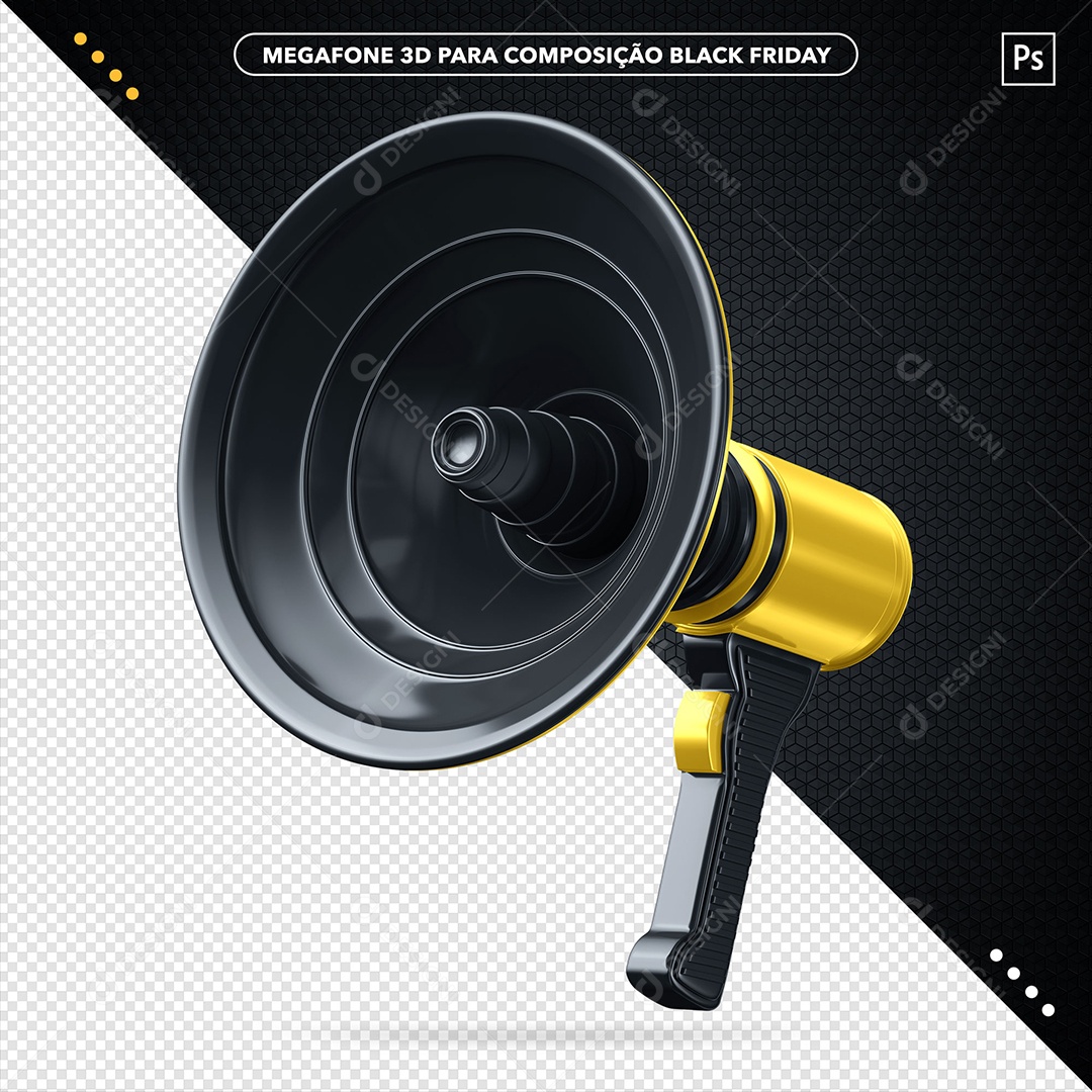 Megafone Preto e Amarelo Elemento 3D para Composição PSD