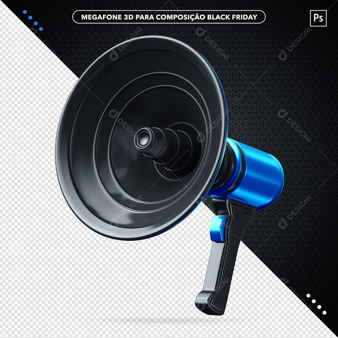 Megafone Preto e Azul Elemento 3D para Composição PSD