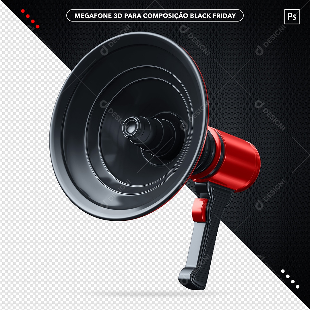 Megafone Preto e Vermelho Elemento 3D para Composição PSD