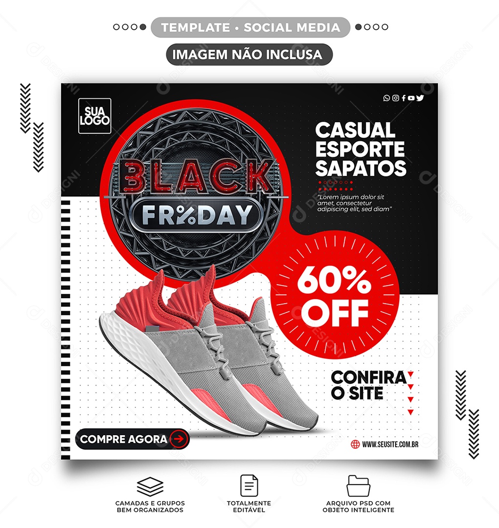 Casual Sport Shoes 60% Off Black Friday Loja de Tênis Social Media PSD Editável