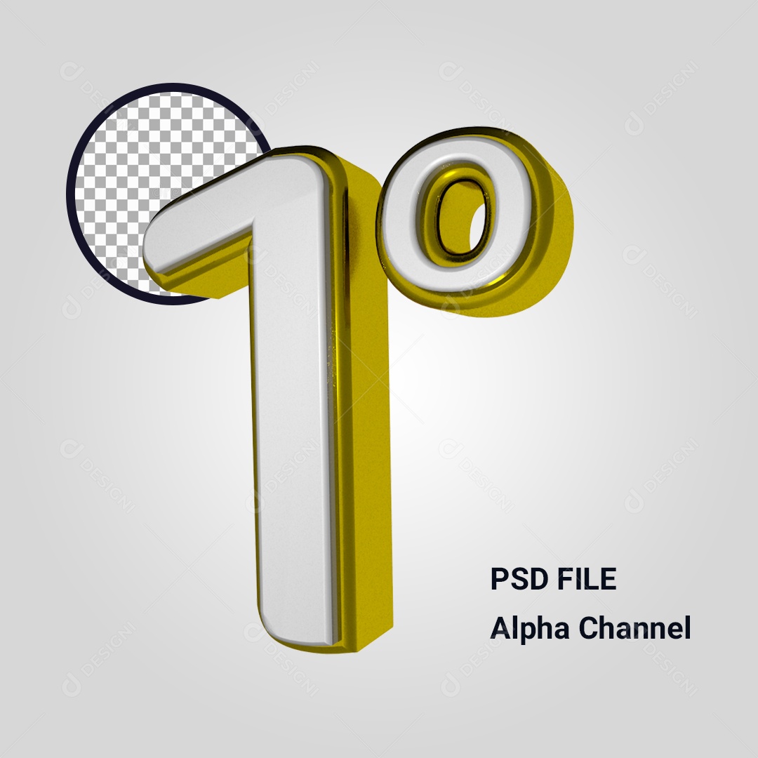 Elemento 3D Número 1° Dourado e Branco PSD