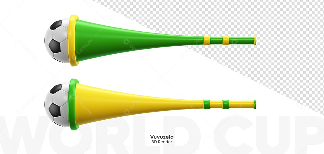 Vuvuzela Amarela e Verde Com Bola de Futebol Elemento 3D para Composição PSD