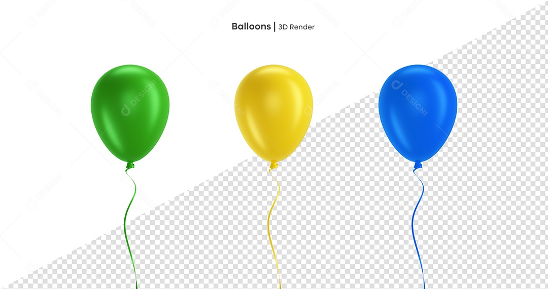 Balões do Brasil Verde Amarelo e Azul Elemento 3D para Composição PSD