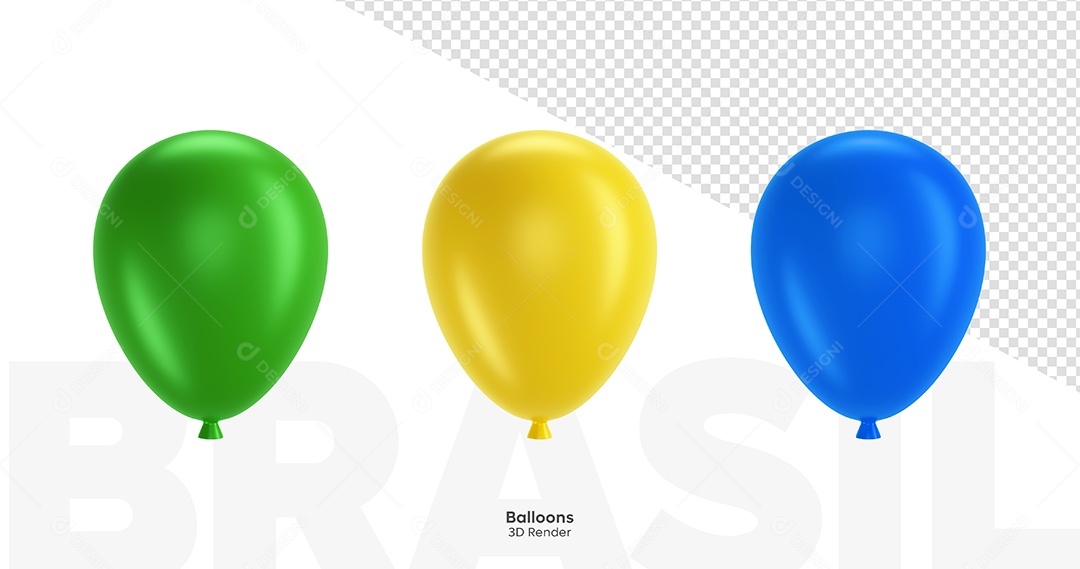 Balões do Brasil Verde Amarelo e Azul Elemento 3D para Composição PSD