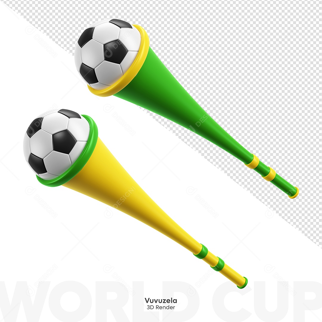 Vuvuzela Amarela e Verde Com Bola de Futebol Elemento 3D para Composição PSD