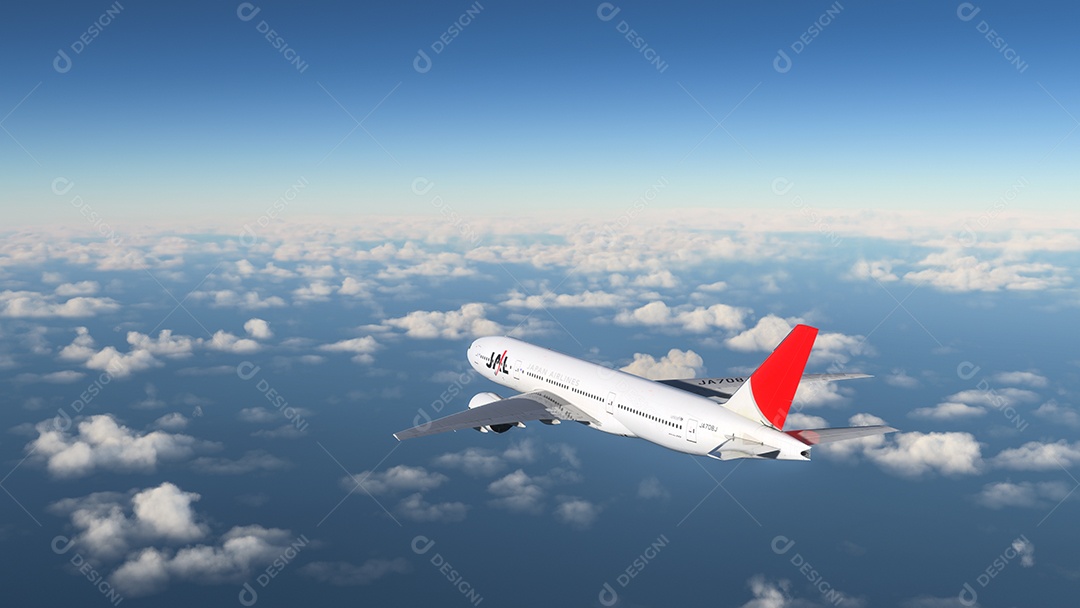 Avião sobrevoando sobre o céu nublado nuvens brancas