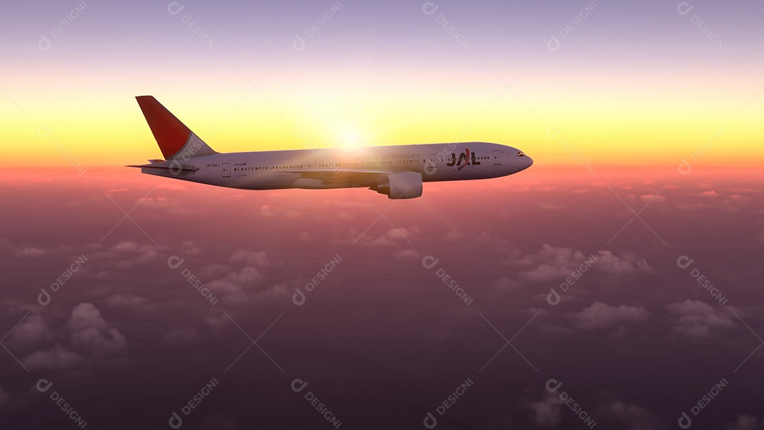 Avião sobrevoando sobre o céu nublado nuvens brancas