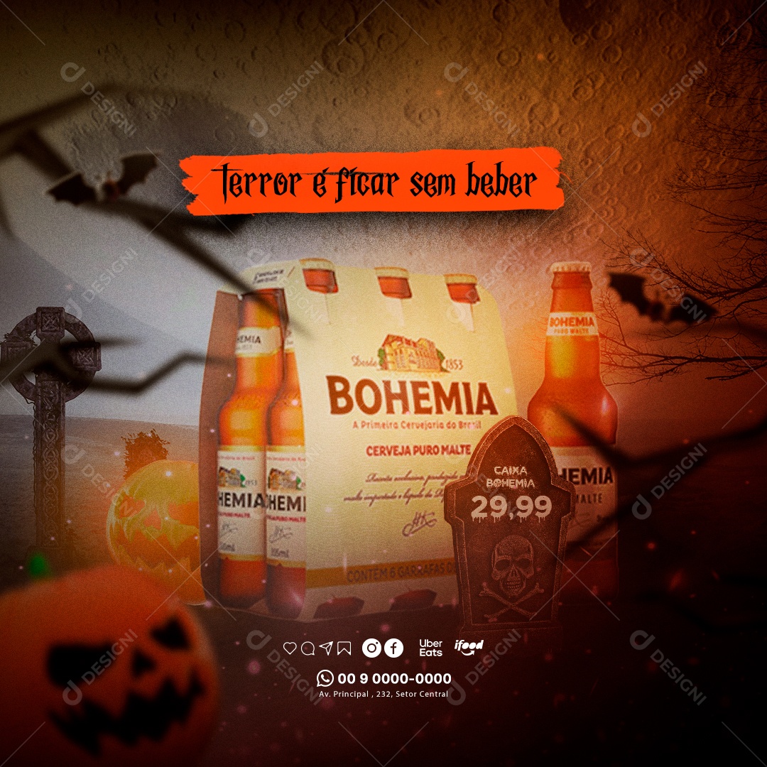 Social Media Distribuidora de Bebidas Ofertas de Halloween Cerveja Bohemia PSD Editável