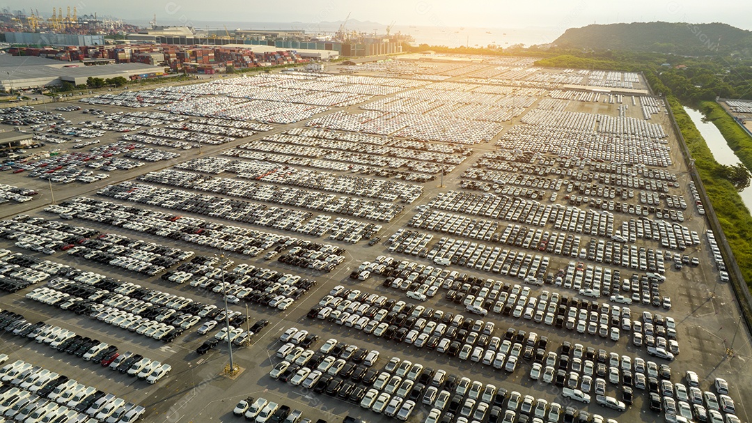 Muitos carros novos estacionando antes do envio para o cliente do revendedor, envio de carros para o navio Ro-Ro para exportação de importação Encaminhamento de frete, transporte logístico do revendedor de transporte Terminal de exportação de carros e