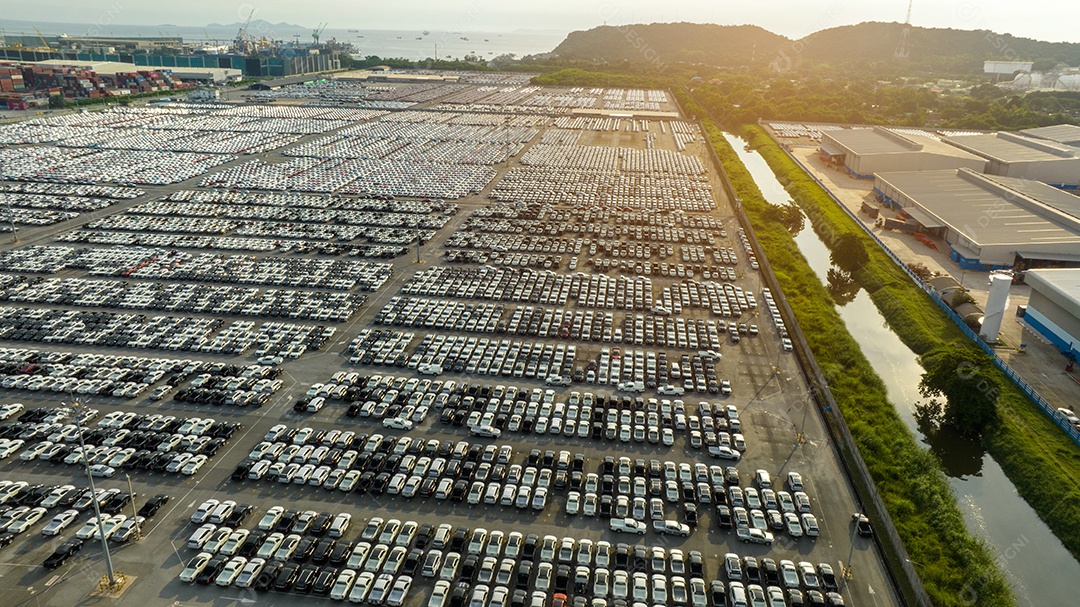 Muitos carros novos estacionando antes do envio para o cliente do revendedor, envio de carros para o navio Ro-Ro para exportação de importação Encaminhamento de frete, transporte logístico do revendedor de transporte Terminal de exportação de carros e