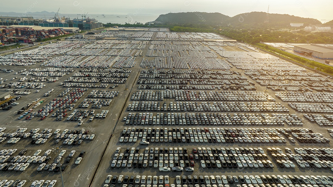 Muitos carros novos estacionando antes do envio para o cliente do revendedor, envio de carros para o navio Ro-Ro para exportação de importação Encaminhamento de frete, transporte logístico do revendedor de transporte Terminal de exportação de carros e