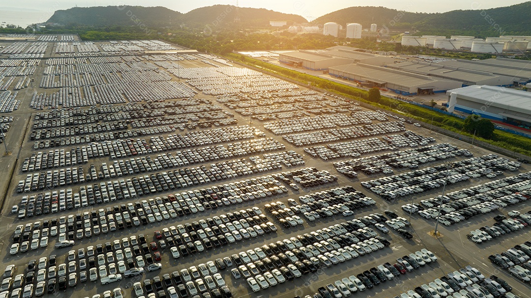 Muitos carros novos estacionando antes do envio para o cliente do revendedor, envio de carros para o navio Ro-Ro para exportação de importação Encaminhamento de frete, transporte logístico do revendedor de transporte Terminal de exportação de carros e